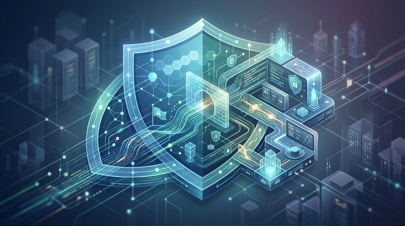 Illustration of cybersecurity systems protected by a digital shield
